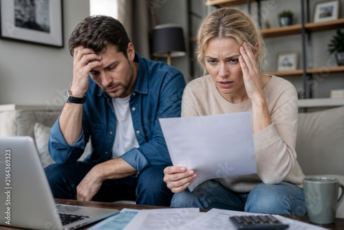 Stressed couple sits on couch, reviewing bills. They show worry, heads in hands. Laptop and calculator sit nearby. This scene reflects financial stress or family budgeting