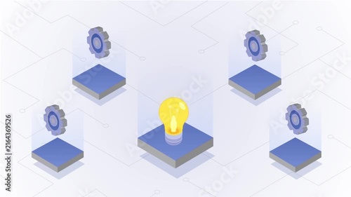 Glowing yellow lightbulb center surrounded by rotating mechanical gears in this isometric digital animation footage for business innovation strategy concepts