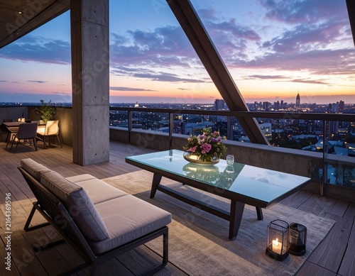 Outdoor terrace furnished with lounge chairs and table overlooking an illuminated city
