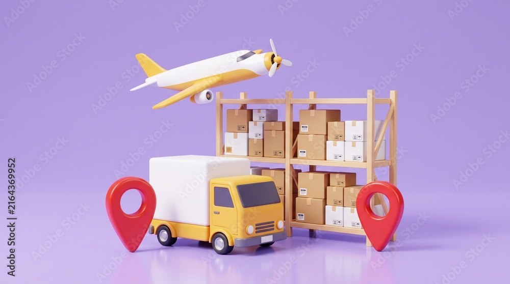 Naklejka premium Global logistics and delivery concept, 3D render of a yellow delivery truck, airplane, and warehouse shelves with cardboard boxes. Efficient worldwide shipping and cargo transportation services.