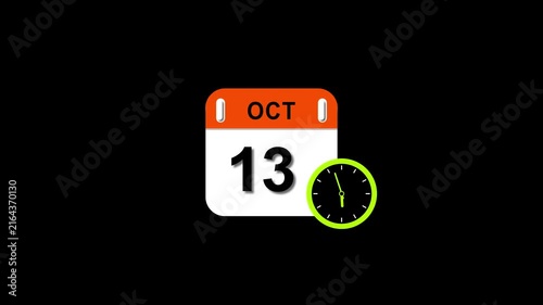 Oct 13 date 2026 animation . clock and black background clean and stunning 4k animation.
