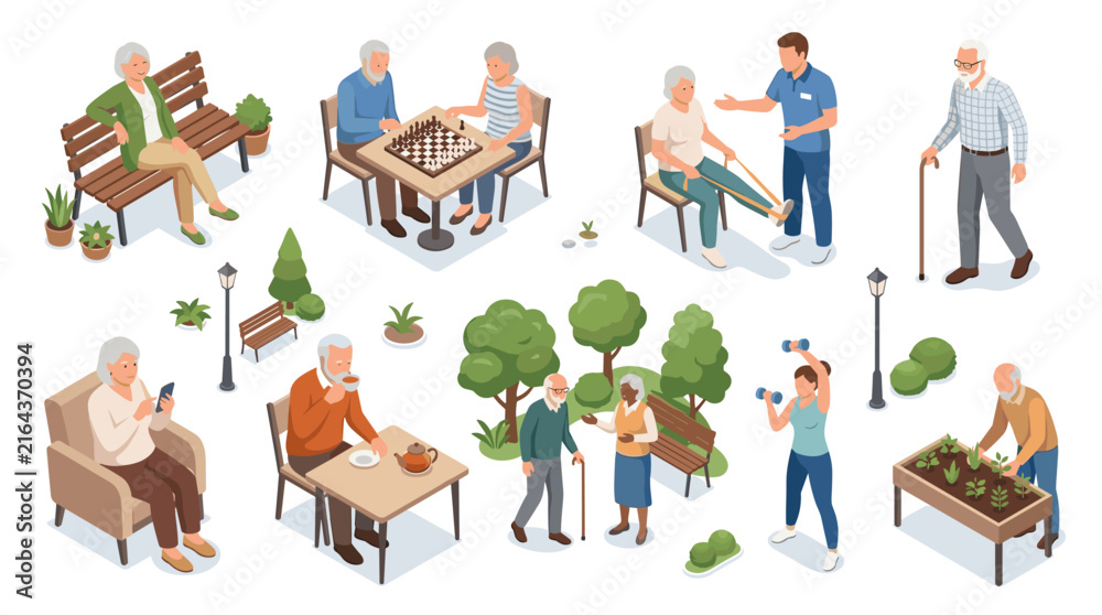 Naklejka premium Vibrant senior park scenes with elderly people engaging in leisure activities and social interactions outdoor