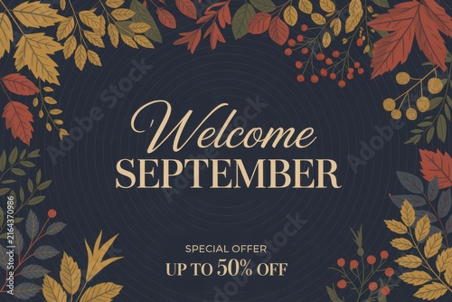 Autumnal welcome banner with falling maple leaves and september sale text red leaves
