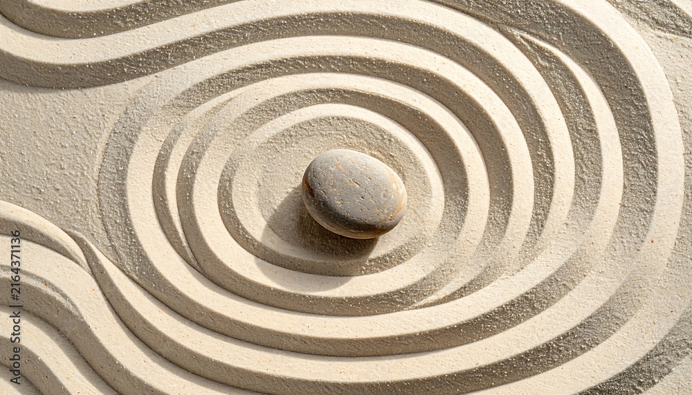 Naklejka premium Smooth Stone in Center of Concentric Raked Sand Circles Zen Garden