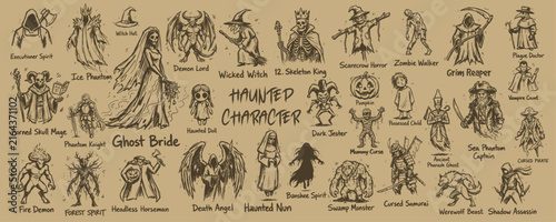 Photography Halloween character sketch set with ghost, monster, demon and spooky horror fant