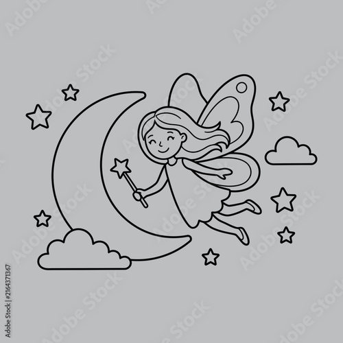 Cheerful Fairy Flying Around Crescent Moon Art And Illustration