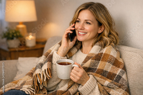 Smiling woman using cellphone while snuggled on couch with coffee and blanket.