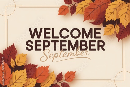 Warm autumn greeting with falling maple leaves and september greeting text red leaves orange leaves