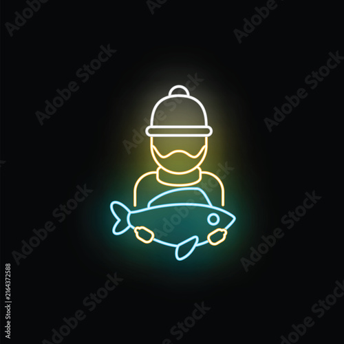 Fisherman wearing a beanie hat and beard holding a fish, glowing neon line icon