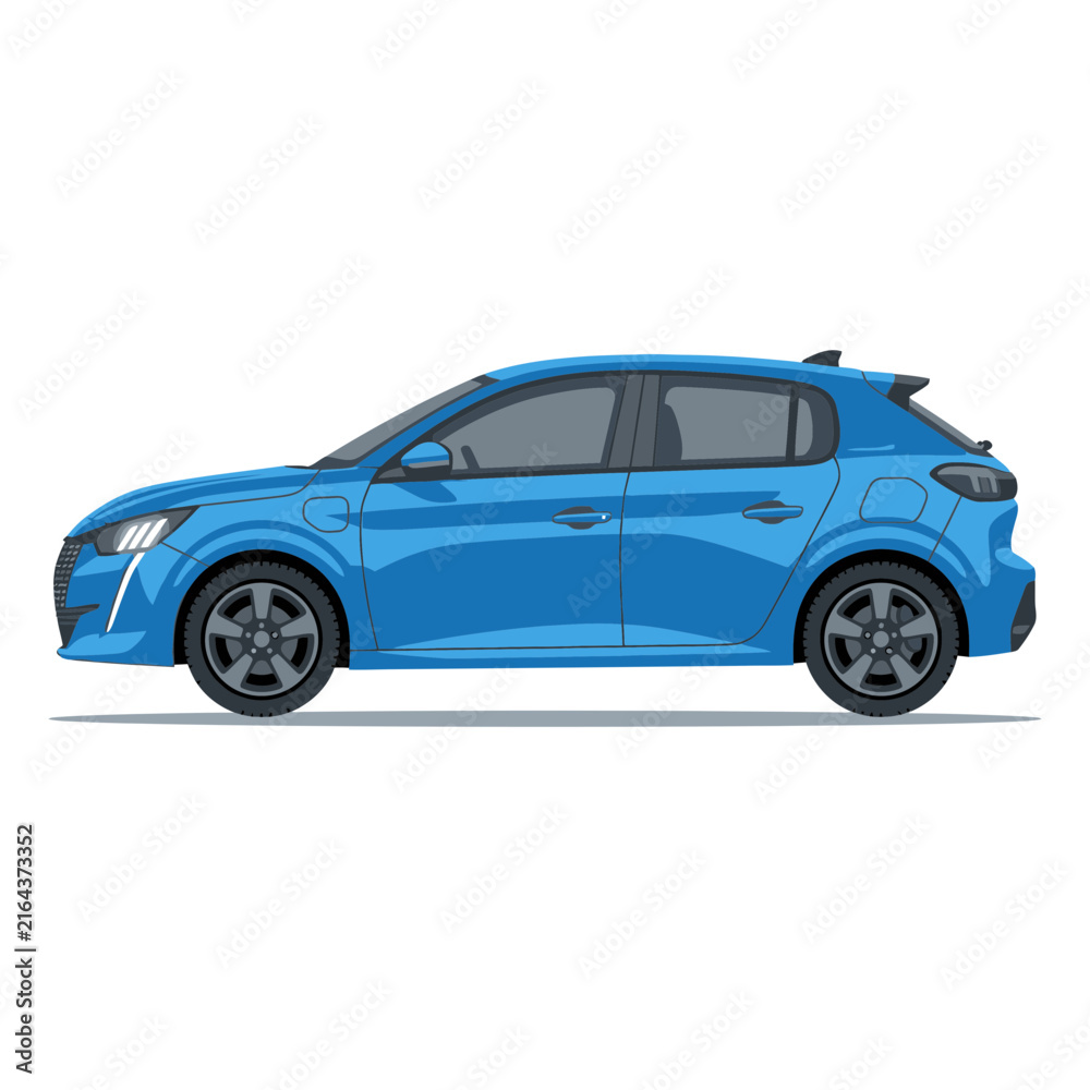 Obraz premium Blue Electric Hatchback Car Side View Isolated on White Background