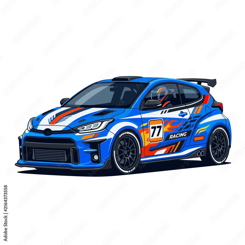 Fototapeta premium Blue Racing Car with Flames and Number 77, Rally Sport Automobile