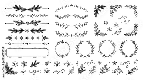Collection of hand drawn christmas floral dividers wreaths and decorative winter holiday design elements