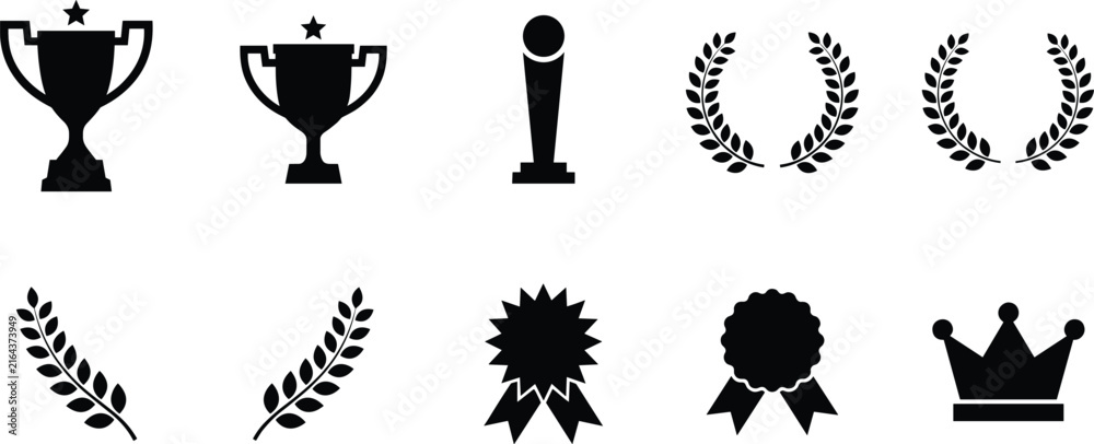 Naklejka premium Set of black trophy cup, award medal, laurel wreath and crown icons for business success.