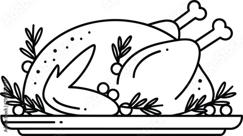 Roasted whole turkey garnished with herbs on a serving platter for holiday dinner thanksgiving christmas rosemary restaurant celebration