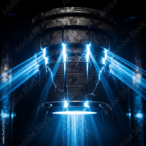 Futuristic fusion reactor core with blue energy beams, glowing plasma engine in dark laboratory, sci-fi power generator technology