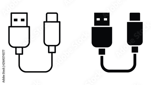 USB extension cable icon outline and solid black fill variations for connectivity on white background vector graphic