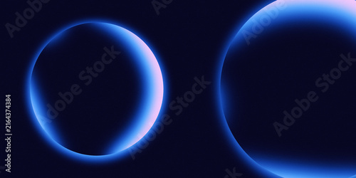 Abstract glowing blue neon rings with grainy texture on dark space background for futuristic designs. Hand crafted digital abstract background.