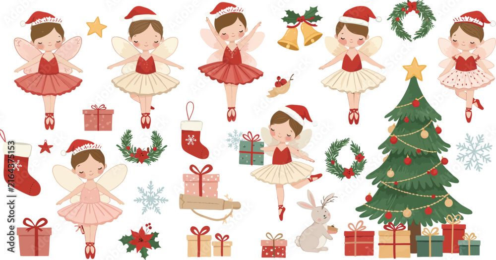 Naklejka premium Set of cute christmas fairies with wings wearing santa hats and ballet dresses surrounded by holiday decorations and gifts for design