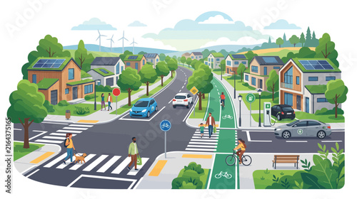 Sustainable Cityscape: Eco-friendly homes, bikes, electric cars, and green transport