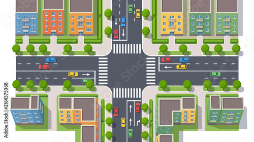 Top-down aerial view of a busy city intersection with cars, buildings, and trees.