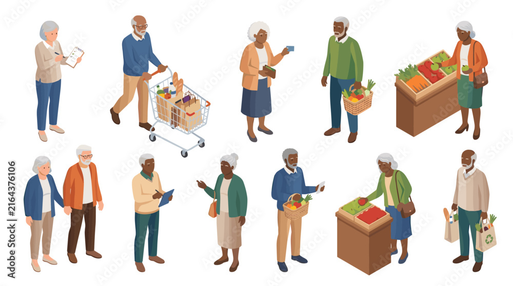 Obraz premium diverse group of elderly people shopping and interacting at a grocery market with fresh produce and modern mobile devices