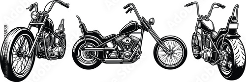 Obraz na płótnie Vintage custom chopper motorcycle vector illustration set featuring classic amer
