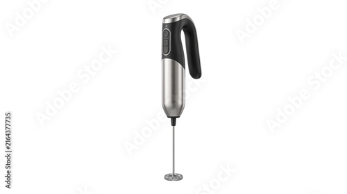 Modern electric milk frother with stainless steel finish. Handheld immersion mixer for coffee foam. Professional kitchen appliance. isolated PNG with Transparent Background