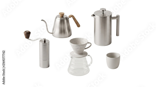 Minimalist stainless steel coffee brewing set, professional barista tools with gooseneck kettle and manual grinder, modern cafe accessories isolated PNG with Transparent Background