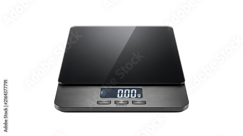 Modern black digital kitchen scale, electronic food weighing device with LCD display, sleek culinary measuring tool for precise cooking isolated PNG with Transparent Background