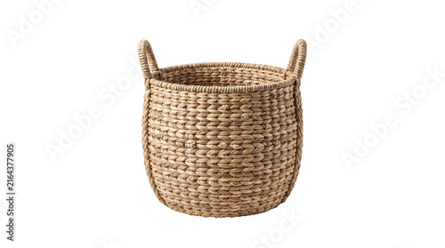 Rustic woven seagrass basket with handles, natural wicker storage container, handmade bohemian home decor organizer isolated PNG with Transparent Background