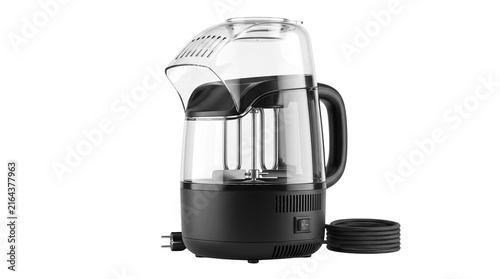 Modern electric popcorn maker with transparent lid, black hot air popcorn machine for home cinema, kitchen snack appliance isolated PNG with Transparent Background
