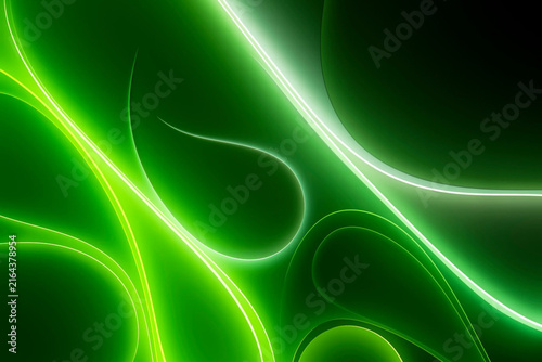 Vibrant green light flows with elegant curves. Luminous lines pulse against deep shadowed backgrounds. Abstract patterns suggest organic movement and energy. Ideal for tech, nature