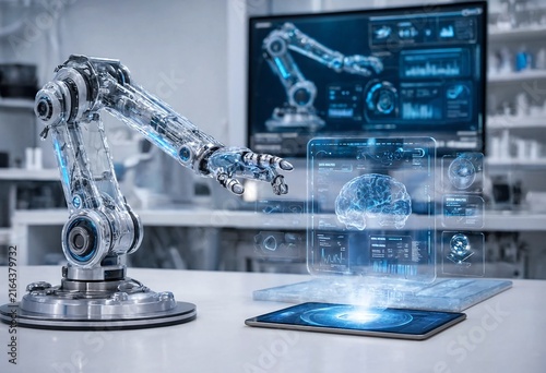 Robotic hand interacts with futuristic holographic data interface in high-tech lab setting