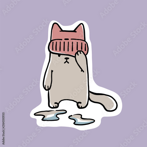 Cartoon-style illustration of a surprised or embarrassed cat wearing a knitted beanie with its eyes closed and one paw covering the hat. The cat is standing on all four legs in front of two splashes o