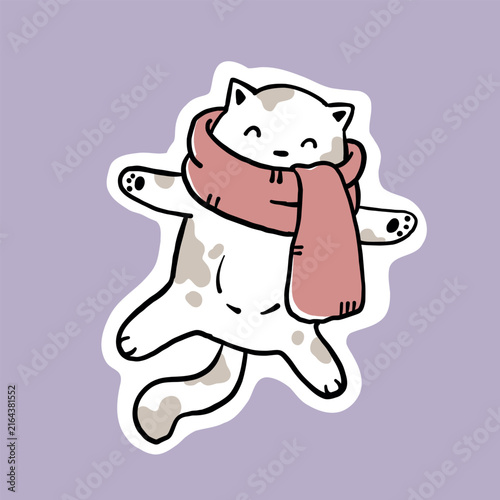 Cartoon-style illustration of a standing white and brown cat wearing a pink scarf that covers its body like a blanket. The cat has a content smile with closed eyes and is drawn in simple outlines