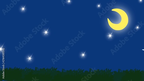 Night Sky Background with Crescent Moon, Stars Cartoon