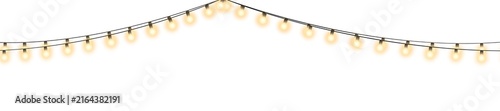 Golden string garland with small round bead lights and warm glow highlights forming a curved line, isolated on transparent background.