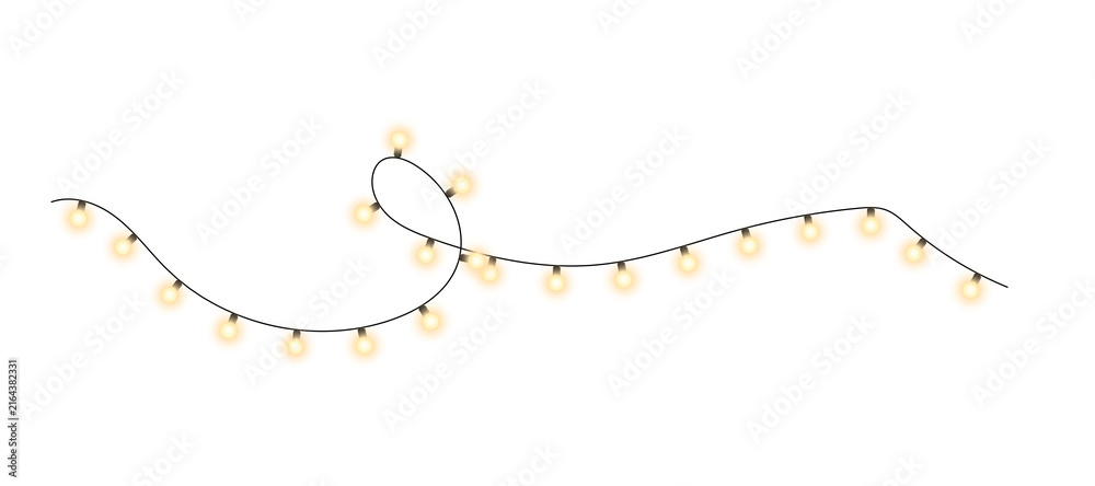 Fototapeta premium Looped string lights garland with warm yellow glowing bulbs and soft highlights, circular bokeh dots, transparent background.