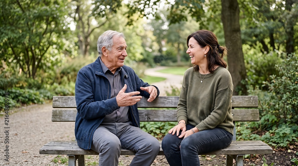 Obraz premium Senior man and adult daughter talking on park bench laughing together