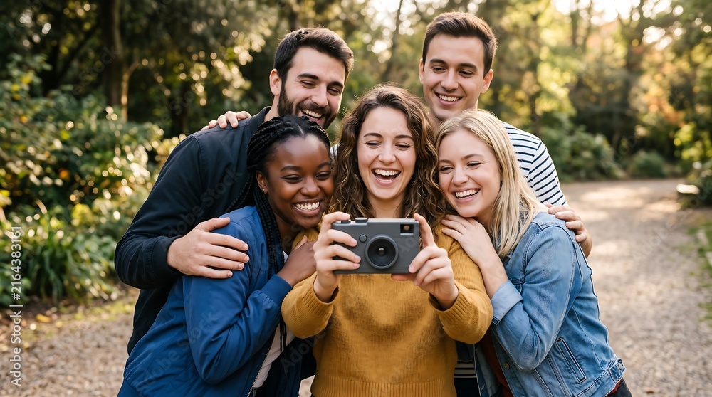 Fototapeta premium Group of Happy Diverse Friends Taking Pictures with Camera in Sunny Park