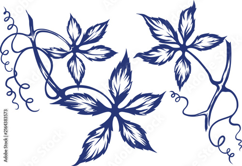 Stylized blue silhouettes of three different types of grape leaves with swirling stems and tendrils on a white background. Vector illustration
