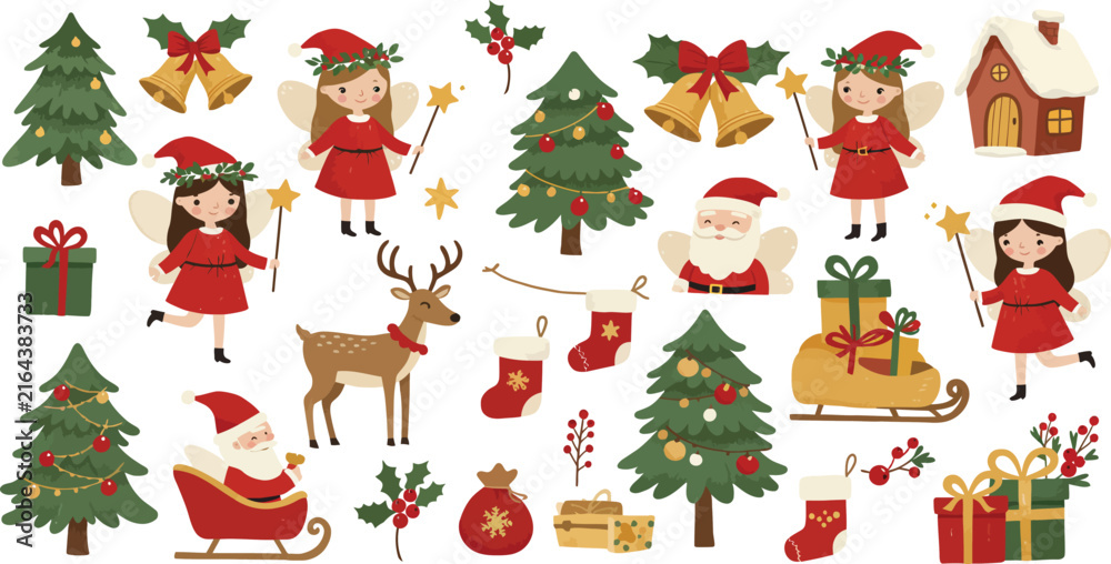 Fototapeta premium Set of cute watercolor christmas elements featuring festive girls trees reindeer santa claus gifts and holiday decorations on white background for design