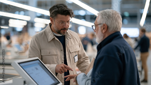 A self checkout assistant in supermarket uniform guiding a hesitant shopper through a touchscreen terminal at twilight blue hour, the wide store interior stretching behind them