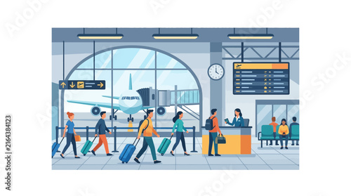 Busy Airport Terminal with Travelers and Staff.