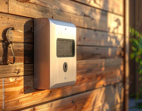 Wall mounted electronic device on a wooden exterior wall near a residential entrance