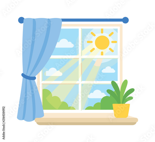 Bright sunny day seen through a window with a potted plant and blue curtain