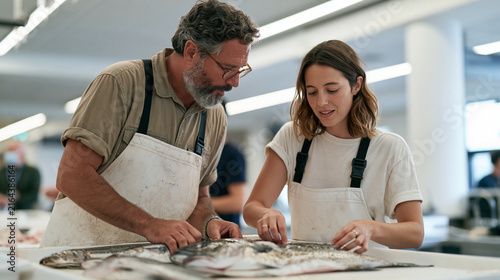 A fishmonger and his partner stand at a hospital charity seafood stall in a reception foyer, arranging a fresh catch display together, their collaborative ease and shared movement