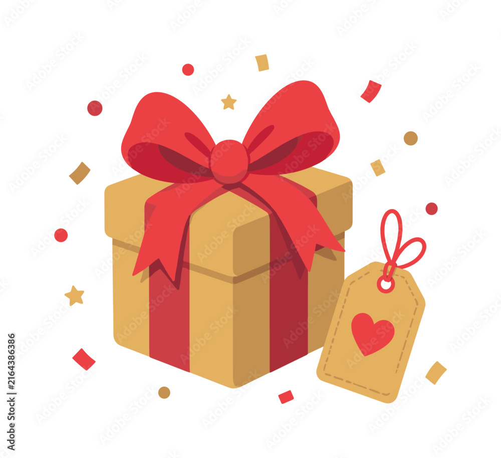 Fototapeta premium Festive gift box with red ribbon and heart tag surrounded by confetti