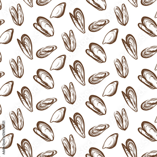 Monochromatic seamless mussel pattern with dynamic sketches of open shells in various directions on a white background. . Vector illustration