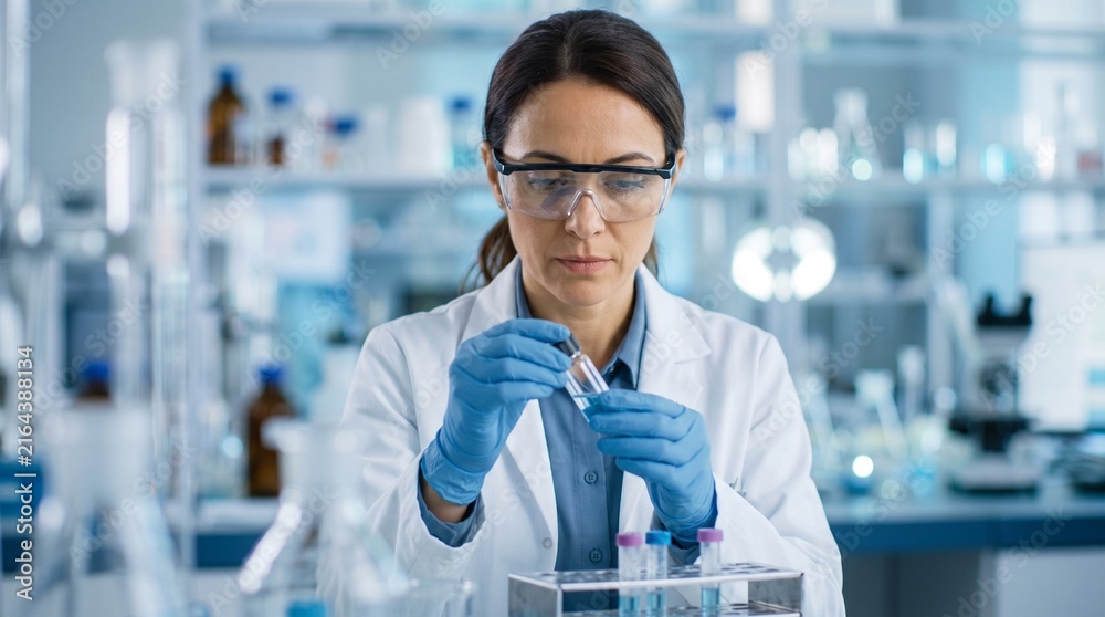 Fototapeta premium Scientific Researcher Carefully Inspecting Sample Vial in Modern Laboratory Environment